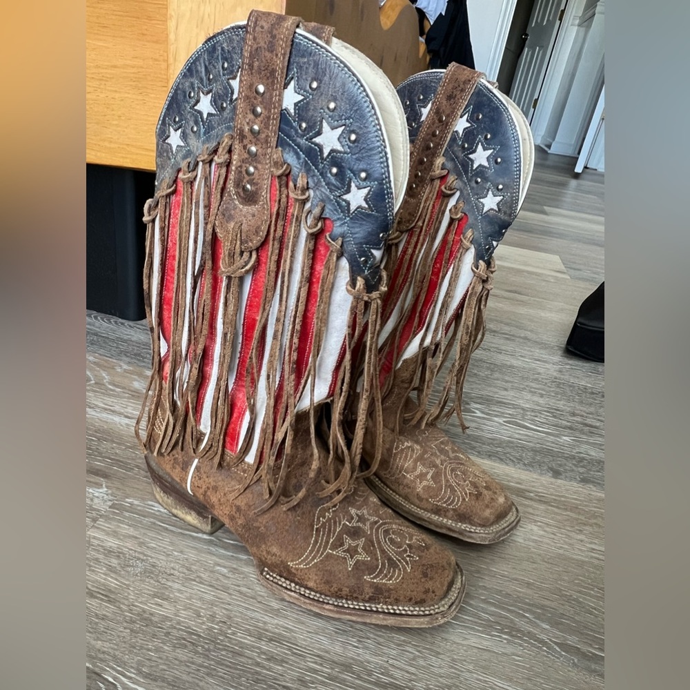 J.B. Dillon “Blazing Star” American Flag Fringe Cowboy Boots